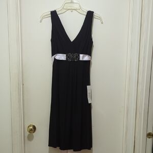Fashion Bug Elegant Black Midi Dress with Pale Pink Belt Sash Accent